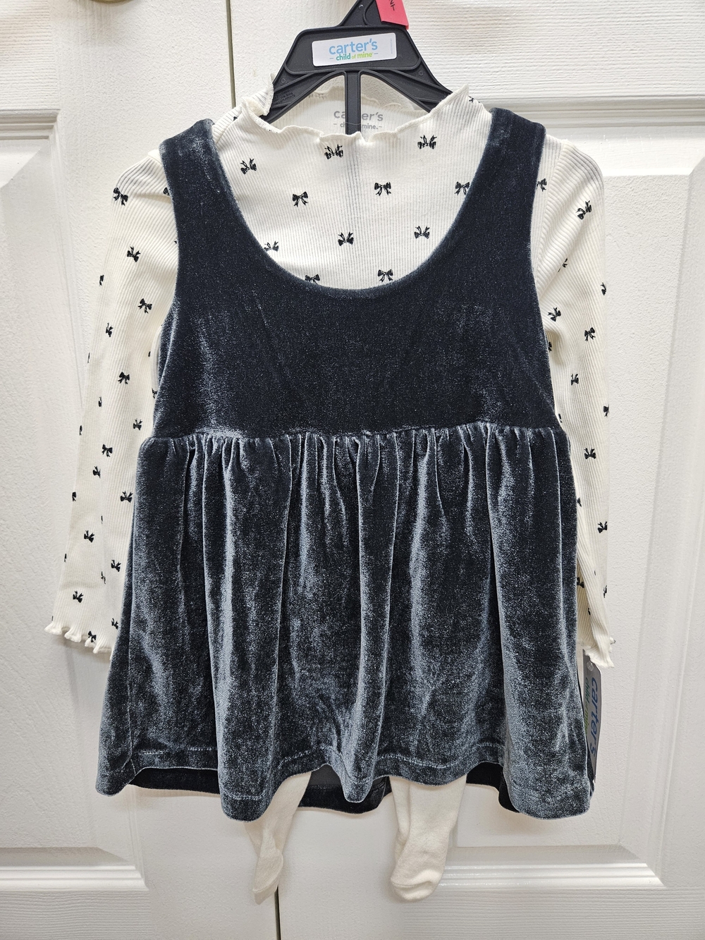 Carter's Black Velvet Pinafore Dress w Bow-Print Top and Cream Tights NWT